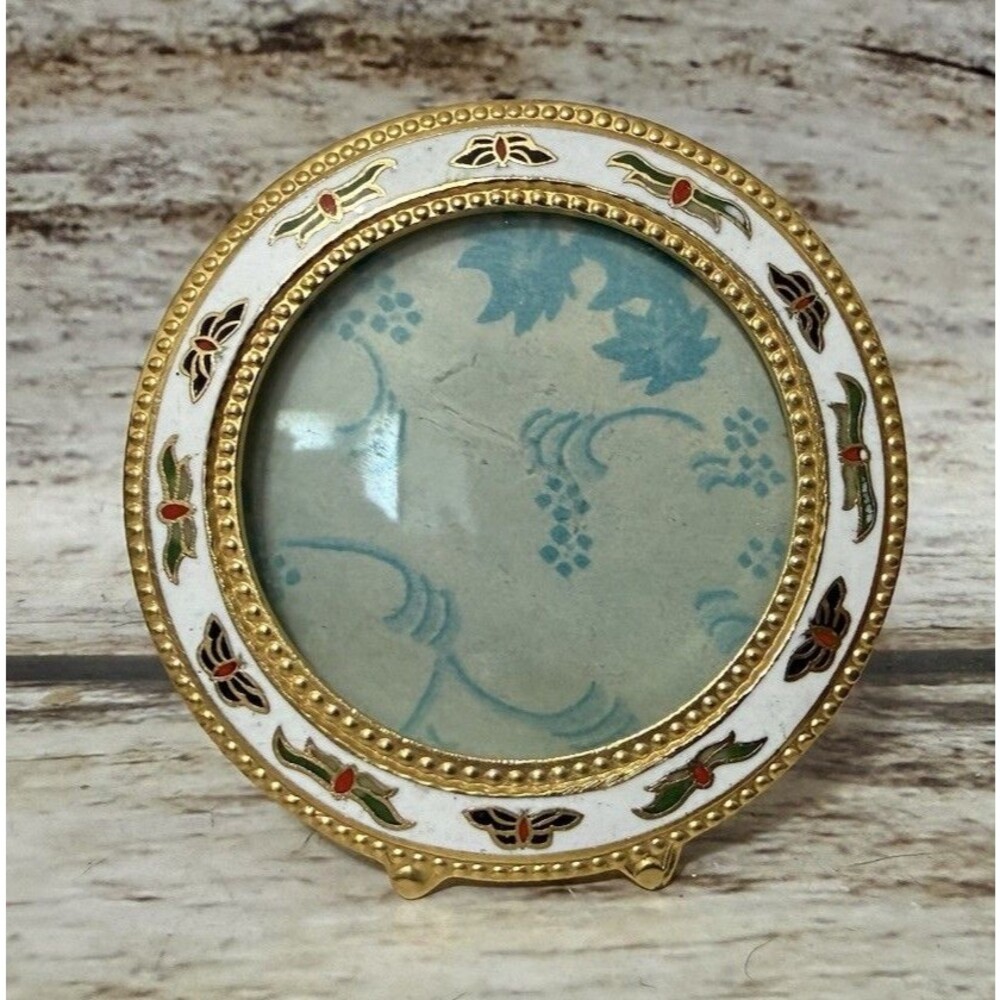 Champleve Gold Gilt Cloisonne Enamel Round Minature Easel Frame 2 3/4"